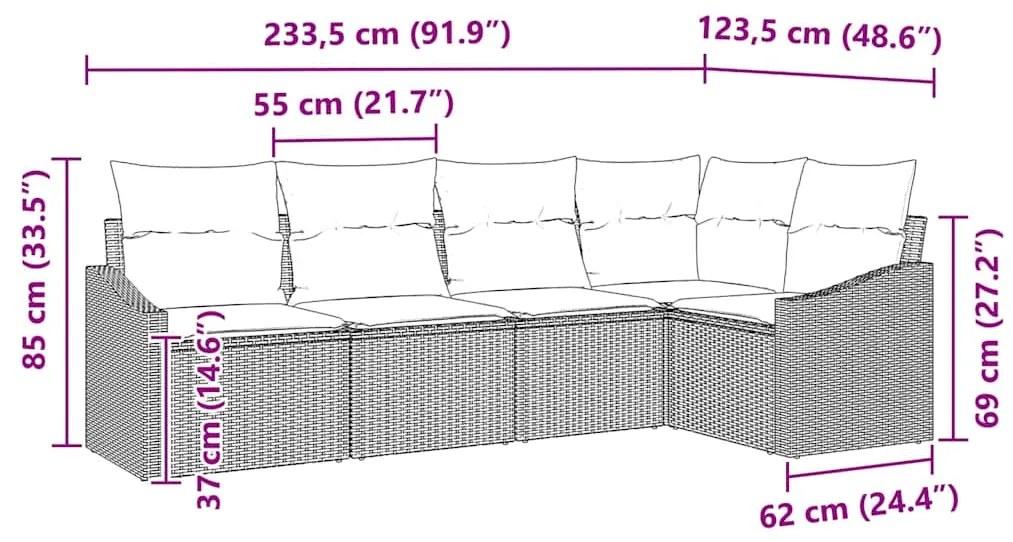 Conjunto de Sofá de Jardim de 5 Peças com Almofadas Cinza em Rattan Si
