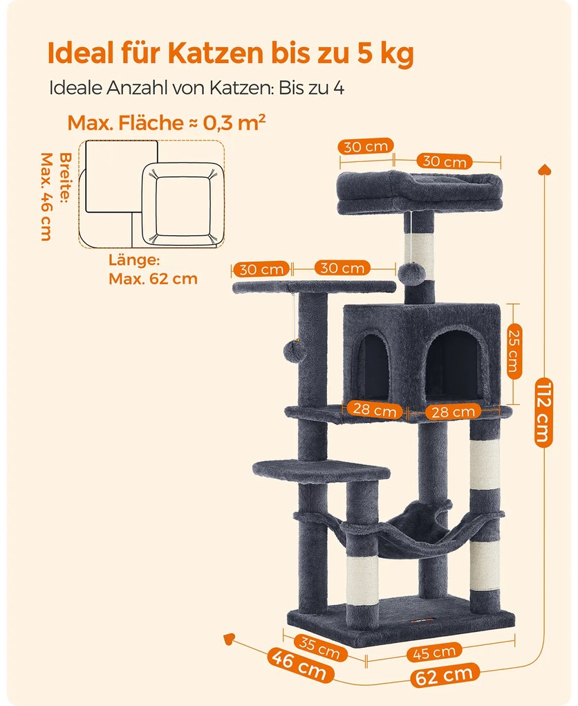 Arranhador para gatos com cama de rede e caverna 45 x 35 x 112 cm cinzento fumado