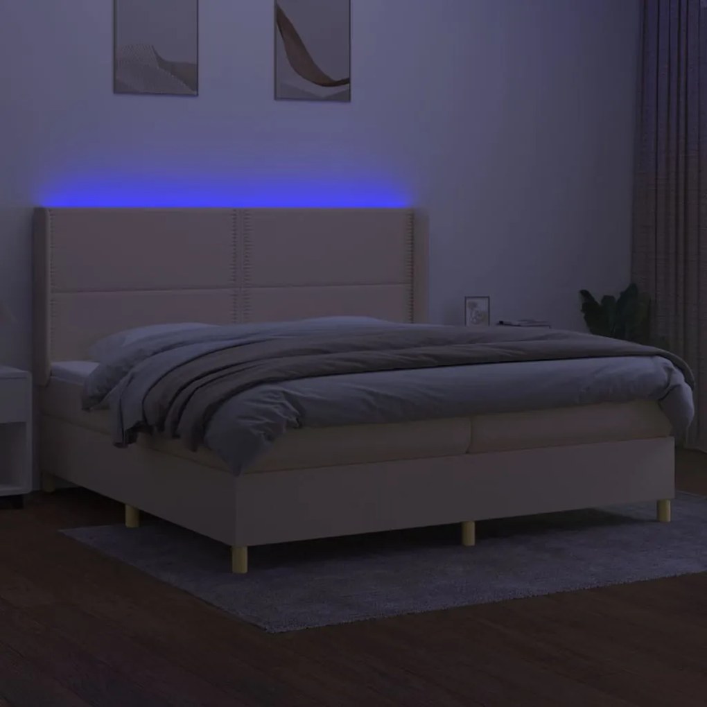 Cama box spring c/ colchão e LED 200x200 cm tecido cor creme