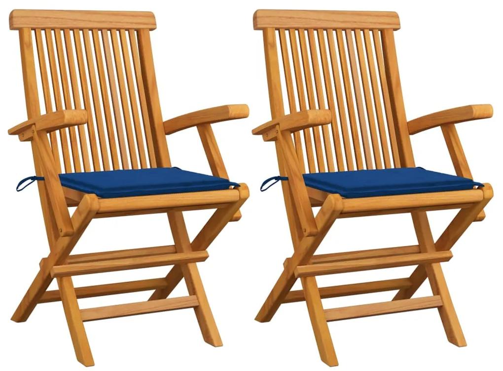 3062497 vidaXL Cadeiras de jardim c/ almofadões azul real 2 pcs teca maciça
