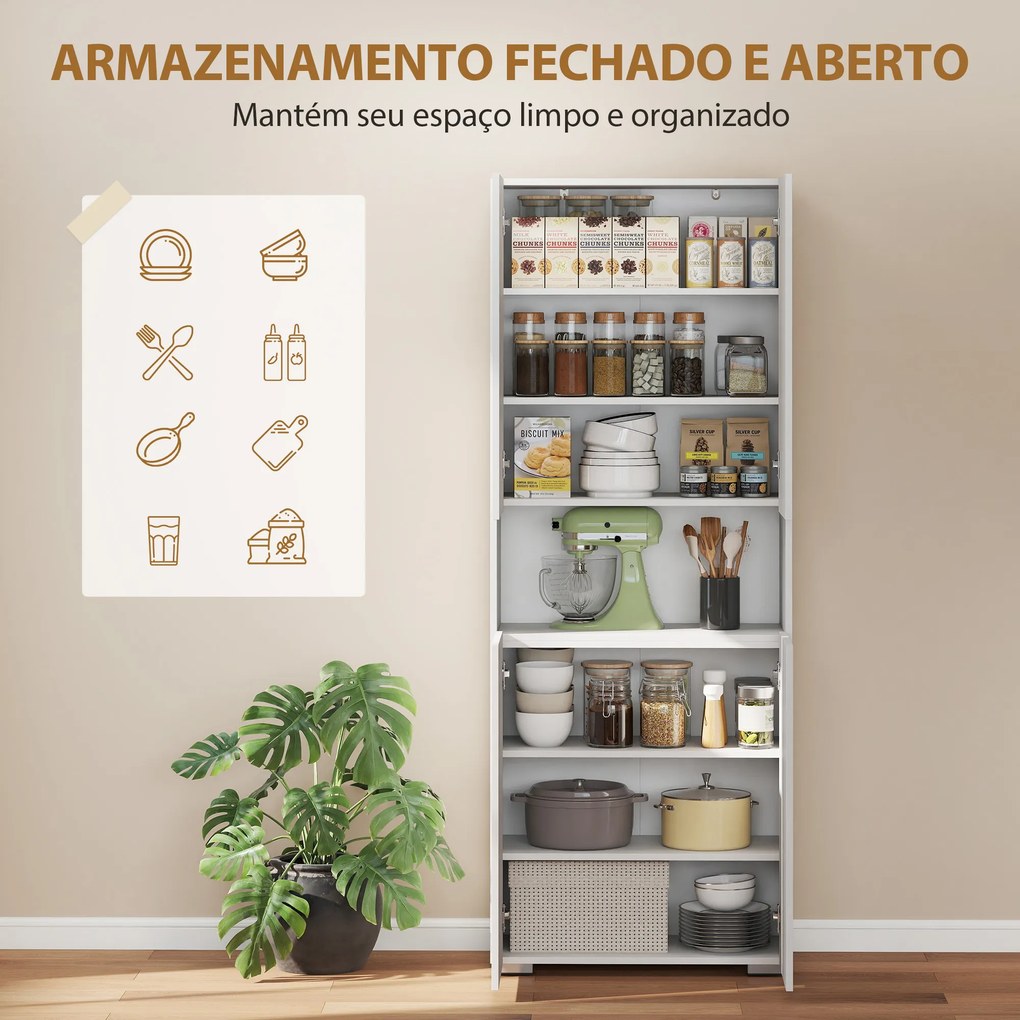 Armário de Cozinha Móvel Auxiliar de Cozinha com 4 Portas Compartimento Aberto Prateleiras Ajustáveis 68x34x180 cm Branco Brilhante