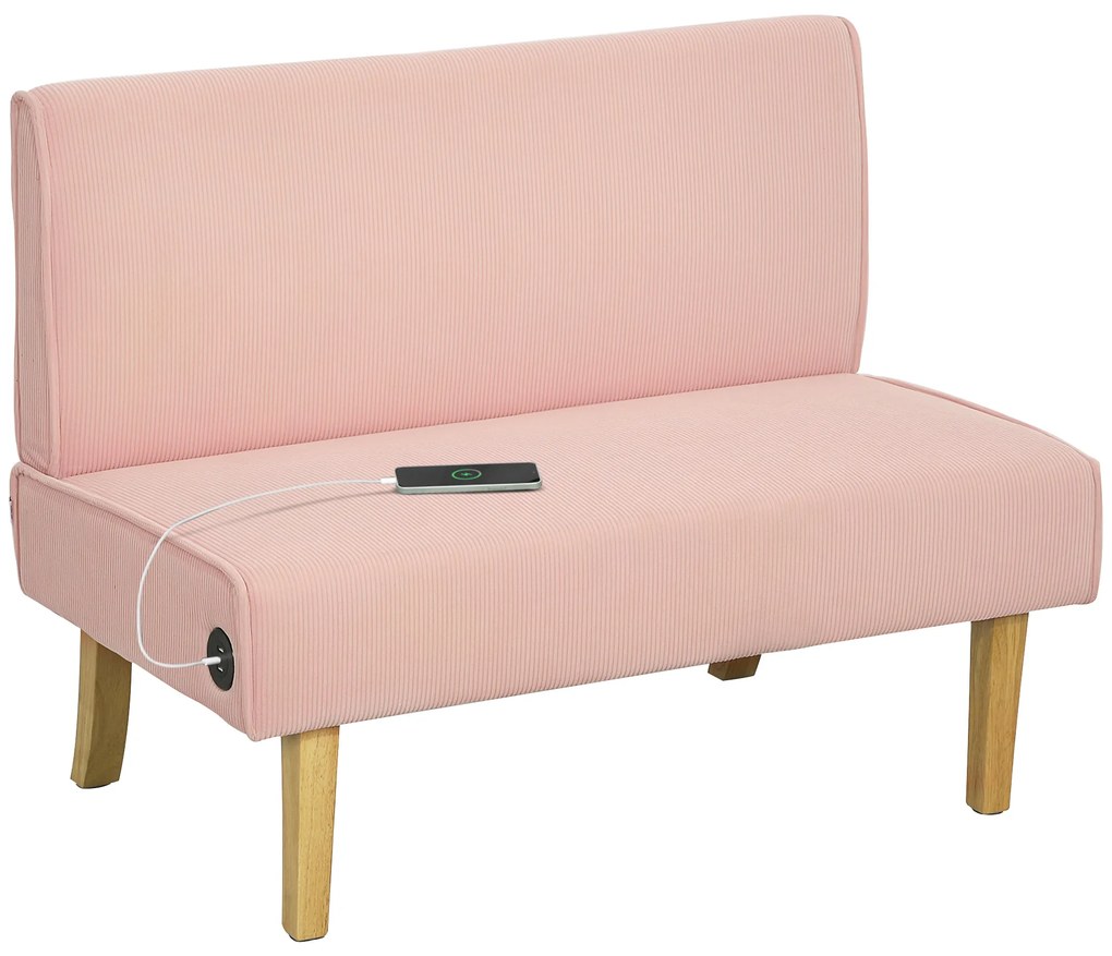 HOMCOM Sofá de 2 Lugares Estofado em Veludo Cotelê Sofá Sala de Estar com 2 Entradas USB 1 Entrada Tipo C 110x60x85 cm Rosa