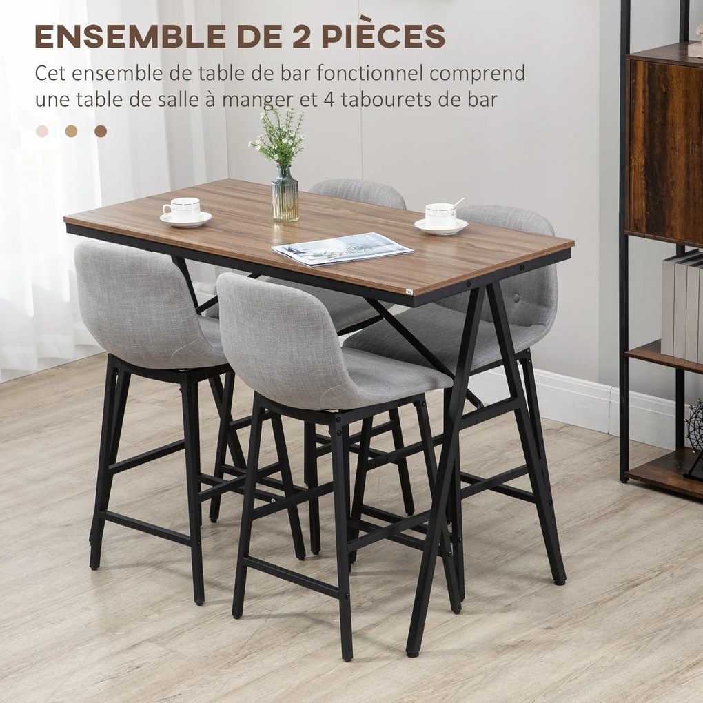 Conjunto de mesa de bar com bancos e mesa de jantar alta com 4 cadeiras estofadas, pés em aço, 120 x 60 x 91 cm, cinzento