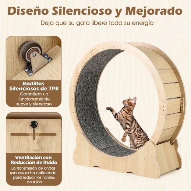 Roda de exercício grande 101 cm para gatos de interior com mecanismo bloqueável, pista almofadada e Estrutura de madeira para uma saúde natural,