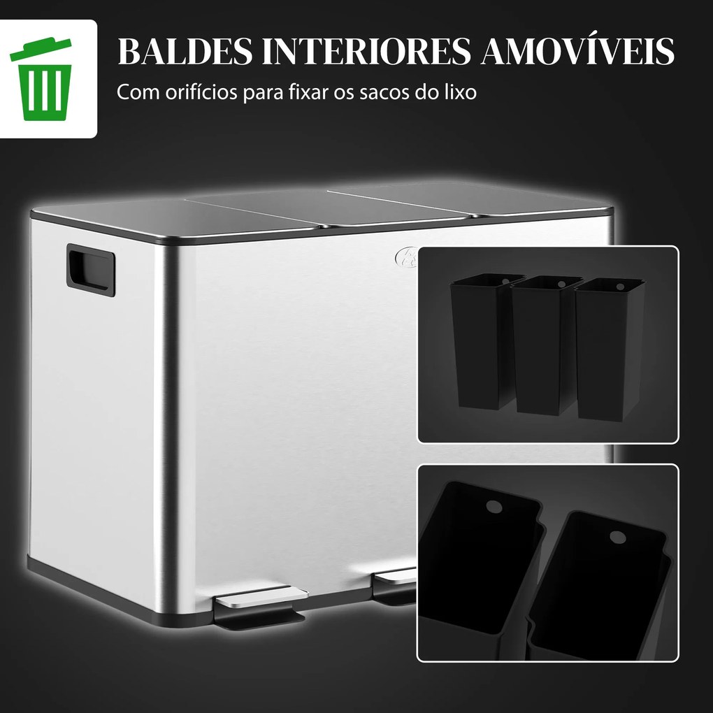 HOMCOM Balde de Lixo de Cozinha com 3 Compartimentos 3x10L Cubo de Lix