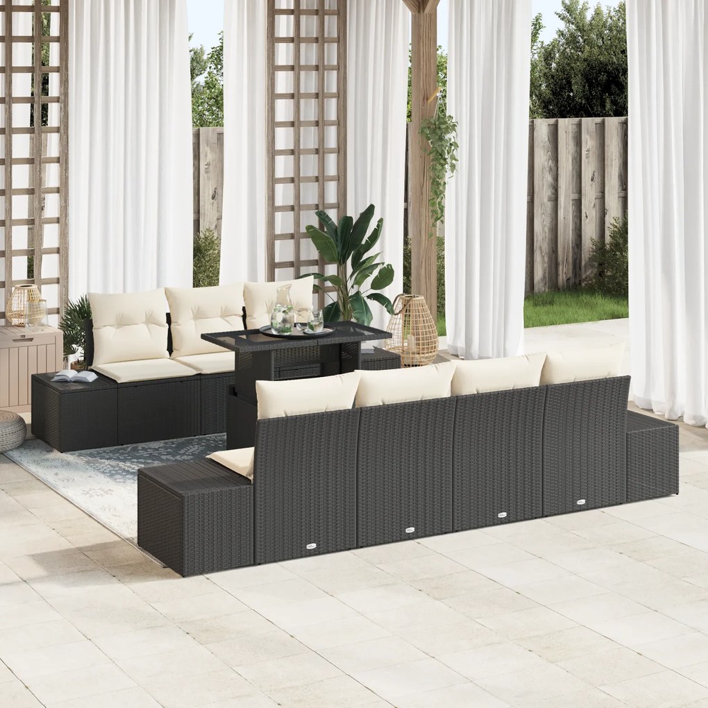 Conjunto de Sofá de Jardim com 8 Peças e Almofadas preto em Rattan Sin