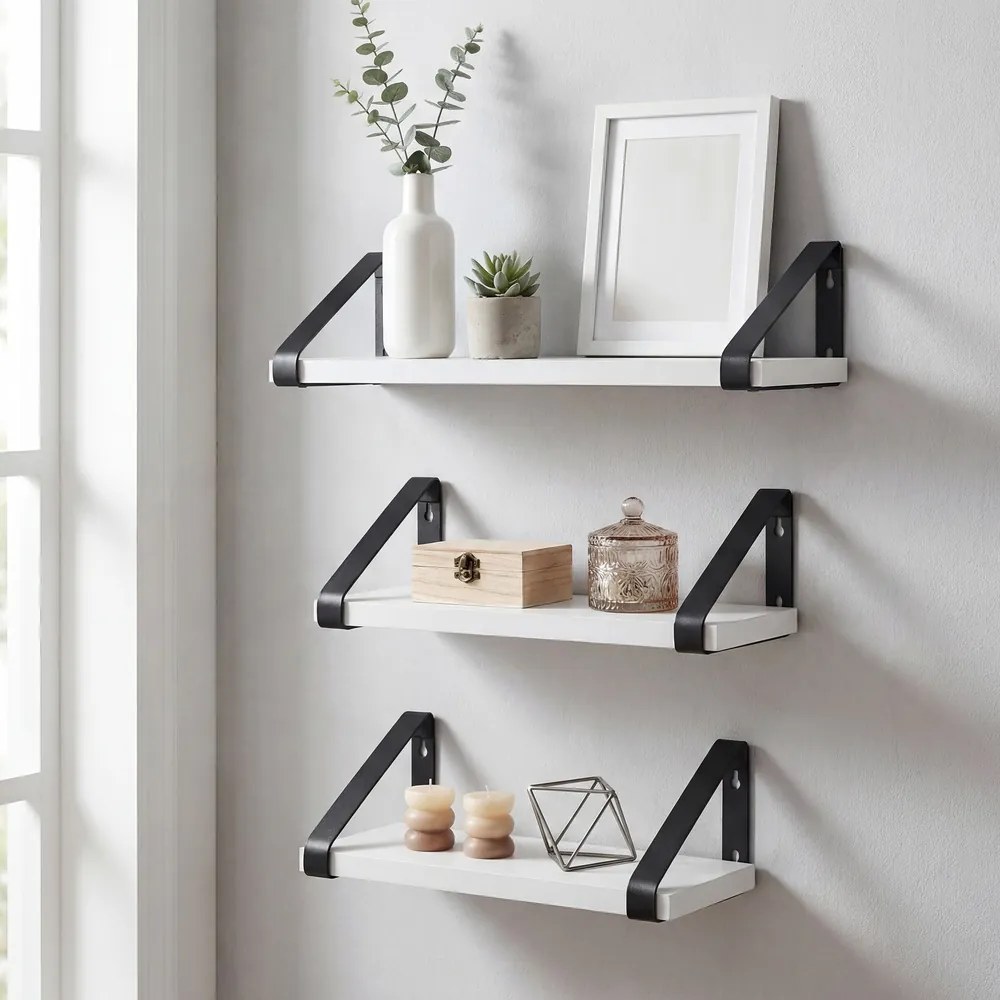 Conjunto de 3 prateleiras de parede, dois tipos de fixação Brancas + Preto
