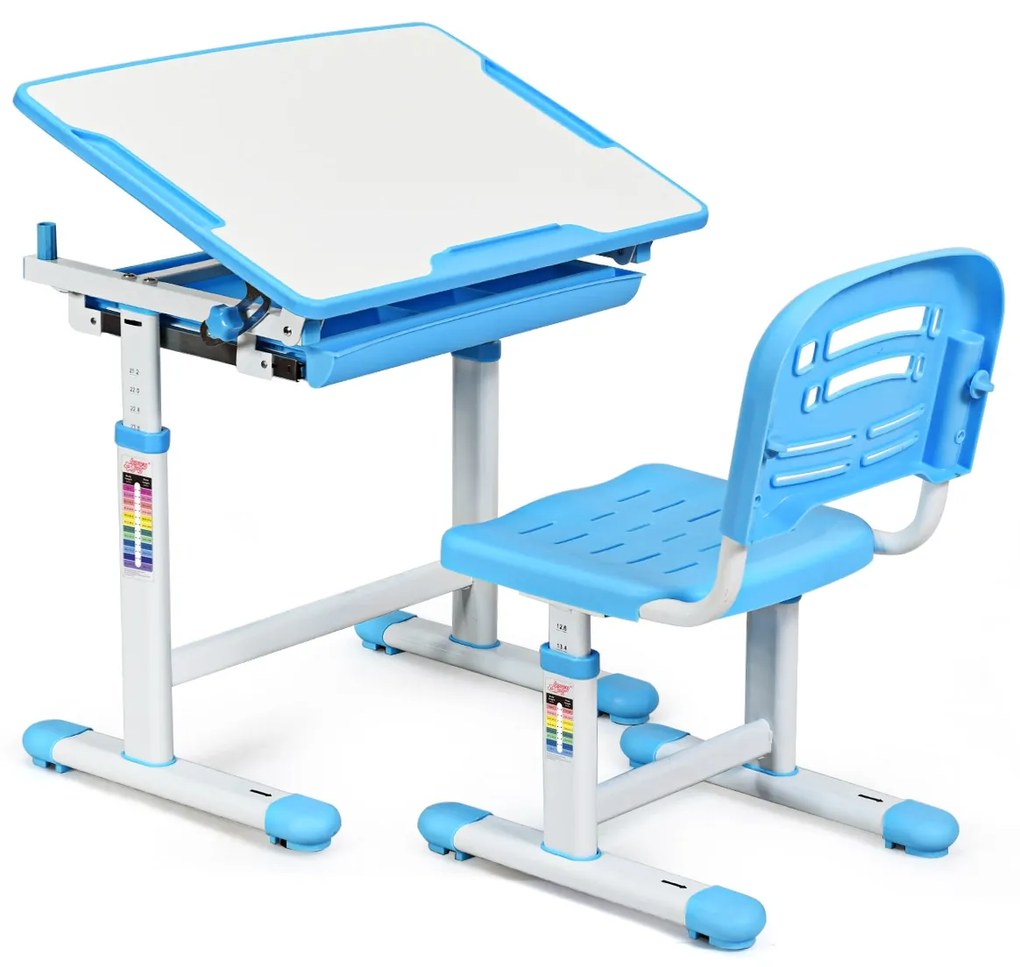 Secretária infantil com cadeira de leitura para crianças com altura ajustável e ângulo e gaveta 66 x 47 x (54 - 76) cm Azul
