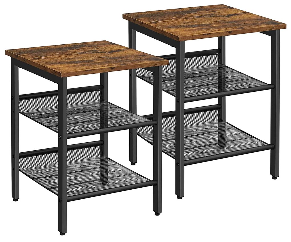 Conjunto de mesa lateral VASAGLE, criado-mudo, conjunto industrial de 2 mesas de cabeceira, com prateleiras de malha ajustáveis, sala de estar, quarto, corredor, escritório, estável, marrom rústico e preto LET24X