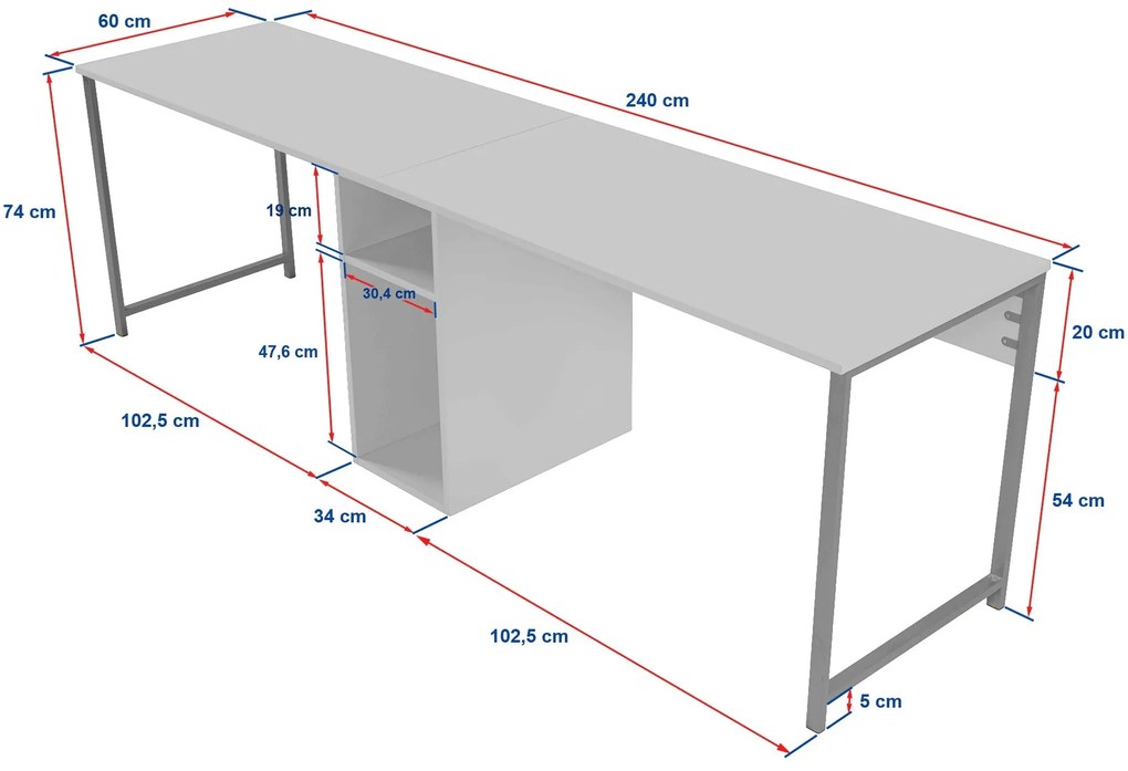 Secretária de Estudo Twin Study Desk - Freesia, Marble, Black - 240x74