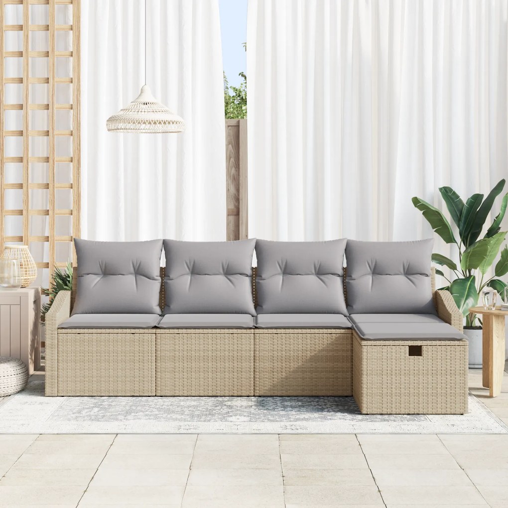 Conjunto de Sofá de Jardim de 5 Peças com Almofadas Bege Polyrattan