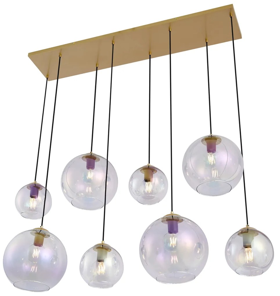 Candeeiro suspenso Art Déco dourado com vidro arco-íris 8-luzes - Sandra