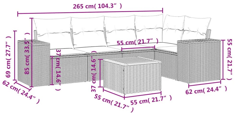 6 pcs conjunto de sofás p/ jardim com almofadões vime PE bege