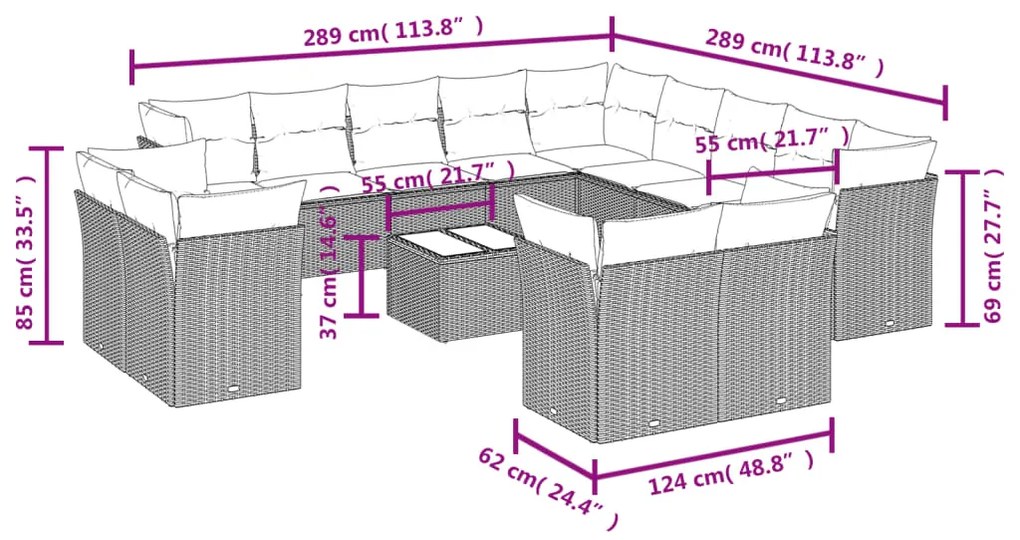 14 pcs conj. sofás jardim com almofadões vime PE cinzento-claro