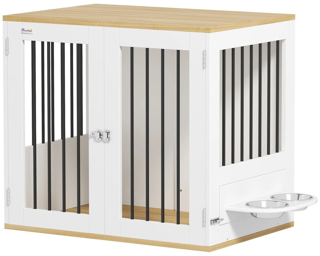 PawHut Gaiola para Cães 2 em 1 Mesa Auxiliar com 2 Portas com Trava Comedouro Giratório de 360° 2 Tigelas 80x55x71,5 cm Branco