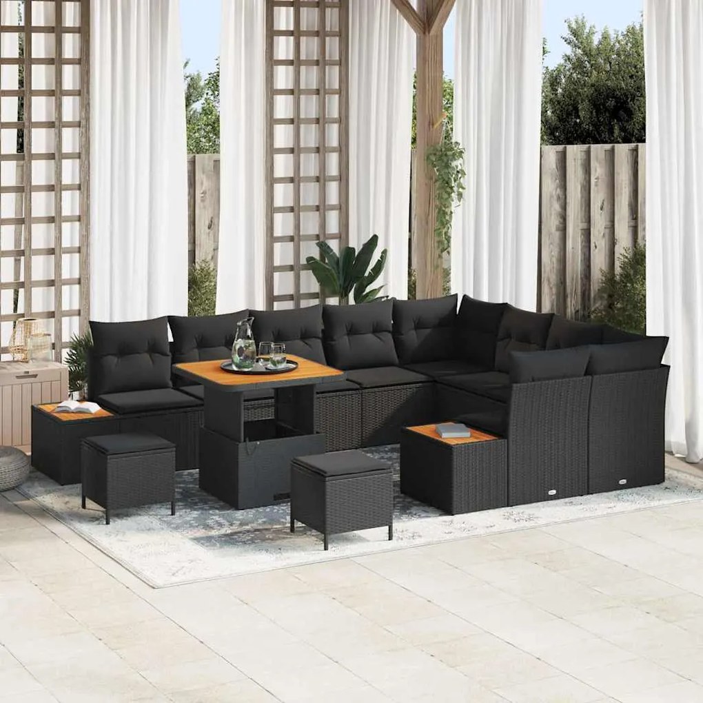 vidaXL Conjunto de Sofá de Jardim com 12 Peças e Almofadas em Rattan Poliéster Preto e Acácia