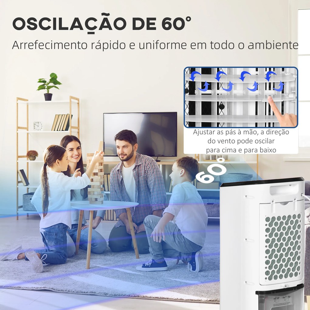 HOMCOM Climatizador Refrigerador de Ar Portátil 3,5 L 3 em 1 Climatizador Humidificador Ventoinha 65W Ecrã LED Controlo Remoto Temporizador Oscilação 3 Velocidades 3 Modos 24,5x27x60 cm Branco