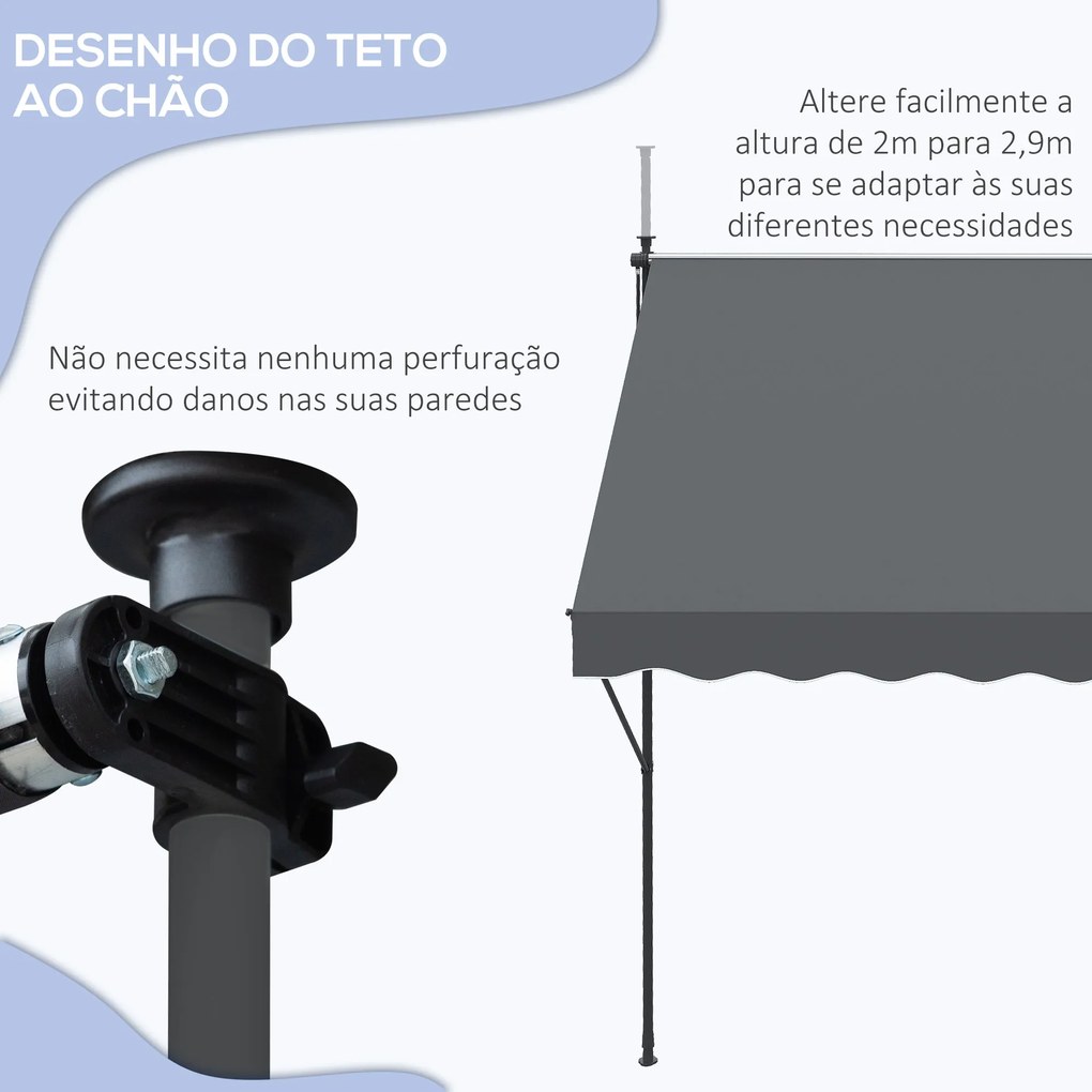 Outsunny Toldo Manual Retrátil 300x170x200-290cm Toldo Ajustável com Manivela Proteção Solar UV40+ para Varanda Jardim Cinza