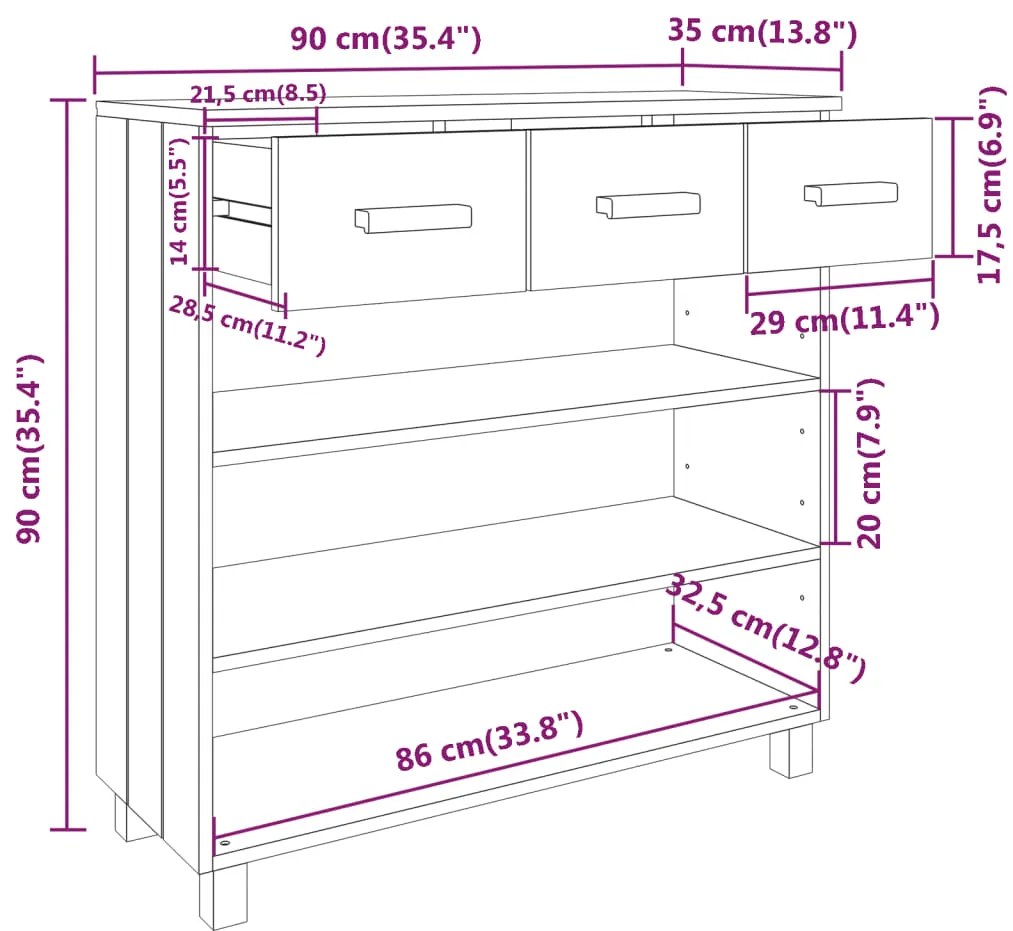 Mesa consola HAMAR 90x35x90 cm pinho maciço castanho-mel