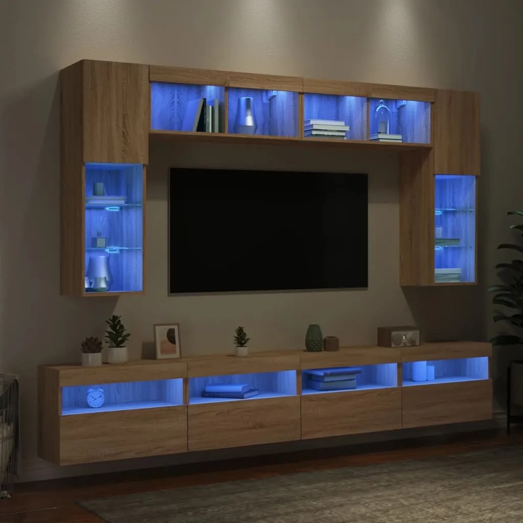 8 pcs conj. móveis de parede p/ TV c/ luzes LED carvalho sonoma