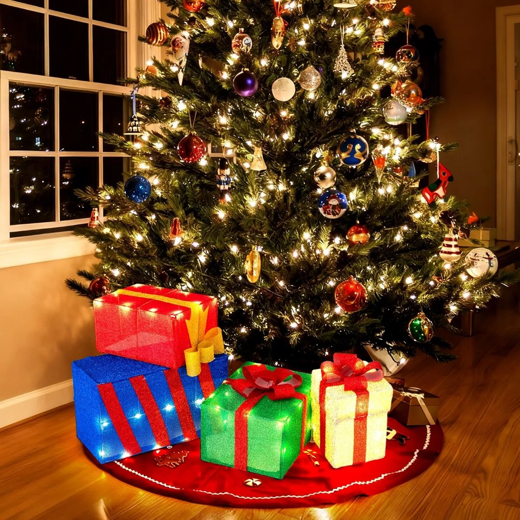 Conjunto de 4 caixas de presente iluminadas de Natal luminosas com laços coloridos 52 luzes LED brancas quentes multicoloridas