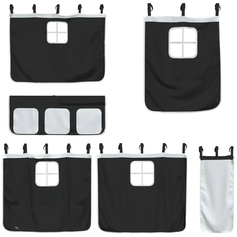 Cama alta criança c/ cortina 90x190cm pinho maciço branco/preto
