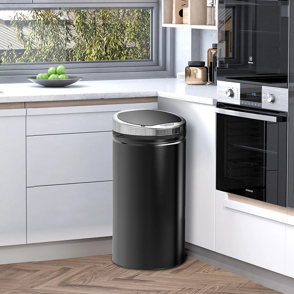 Caixote do lixo automático de 42 L, caixote do lixo de cozinha em aço galvanizado com sensor de movimento e cesto interno removível, preto