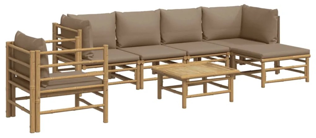 7 pcs conj. lounge jardim bambu c/ almofadões cinza-acastanhado