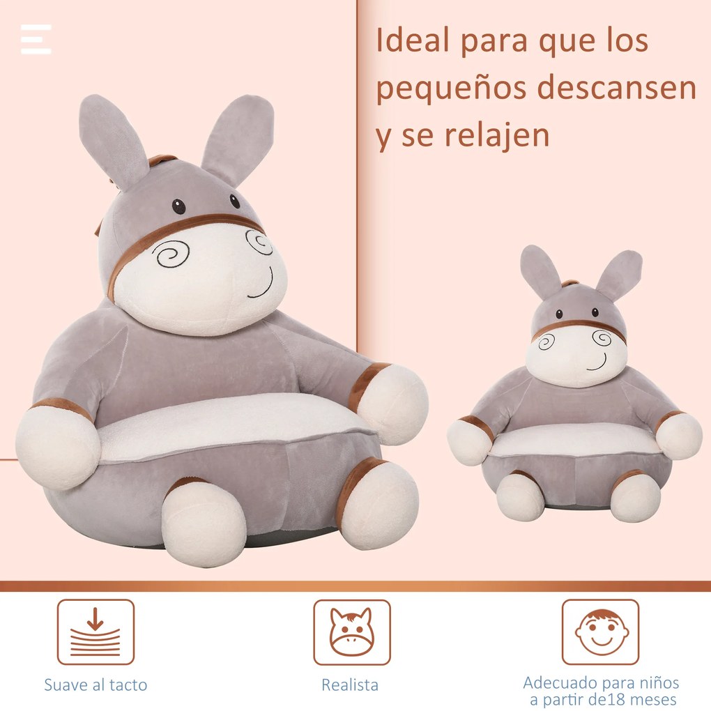 HOMCOM Mini sofá infantil em forma de burro Poltrona fofa para crianças acima de 18 meses com assento acolchoado 60x55x60cm cinza