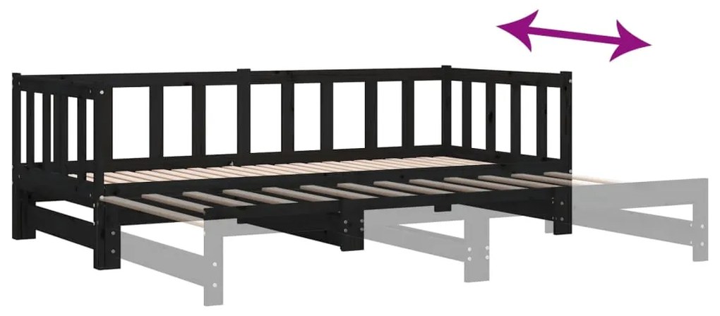 Estrutura sofá-cama de puxar 2x(90x190) cm pinho maciço preto