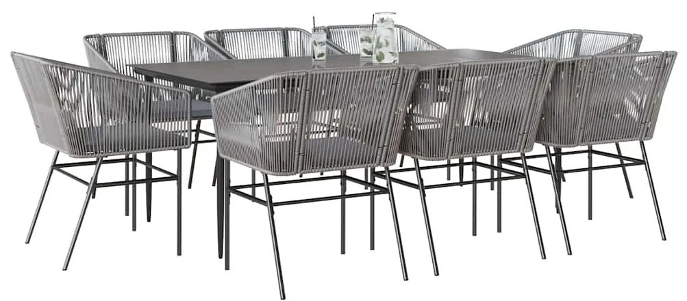 Conjunto jantar jardim 9 peças almofadas vidro vime cinzento PE