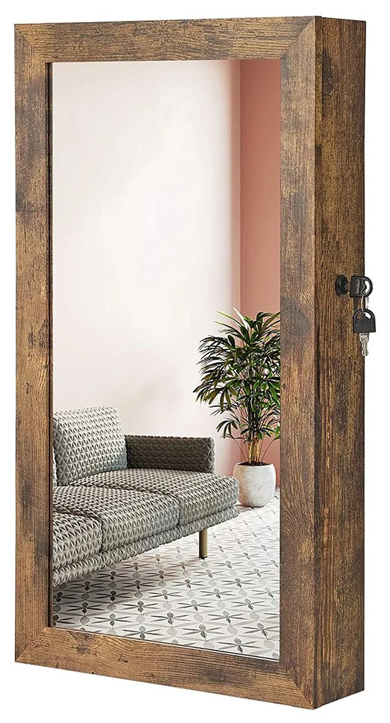 Armário de joias de parede com espelho | SONGMICS | 37 x 10 x 67 cm | castanho rústico | JJC051K01.