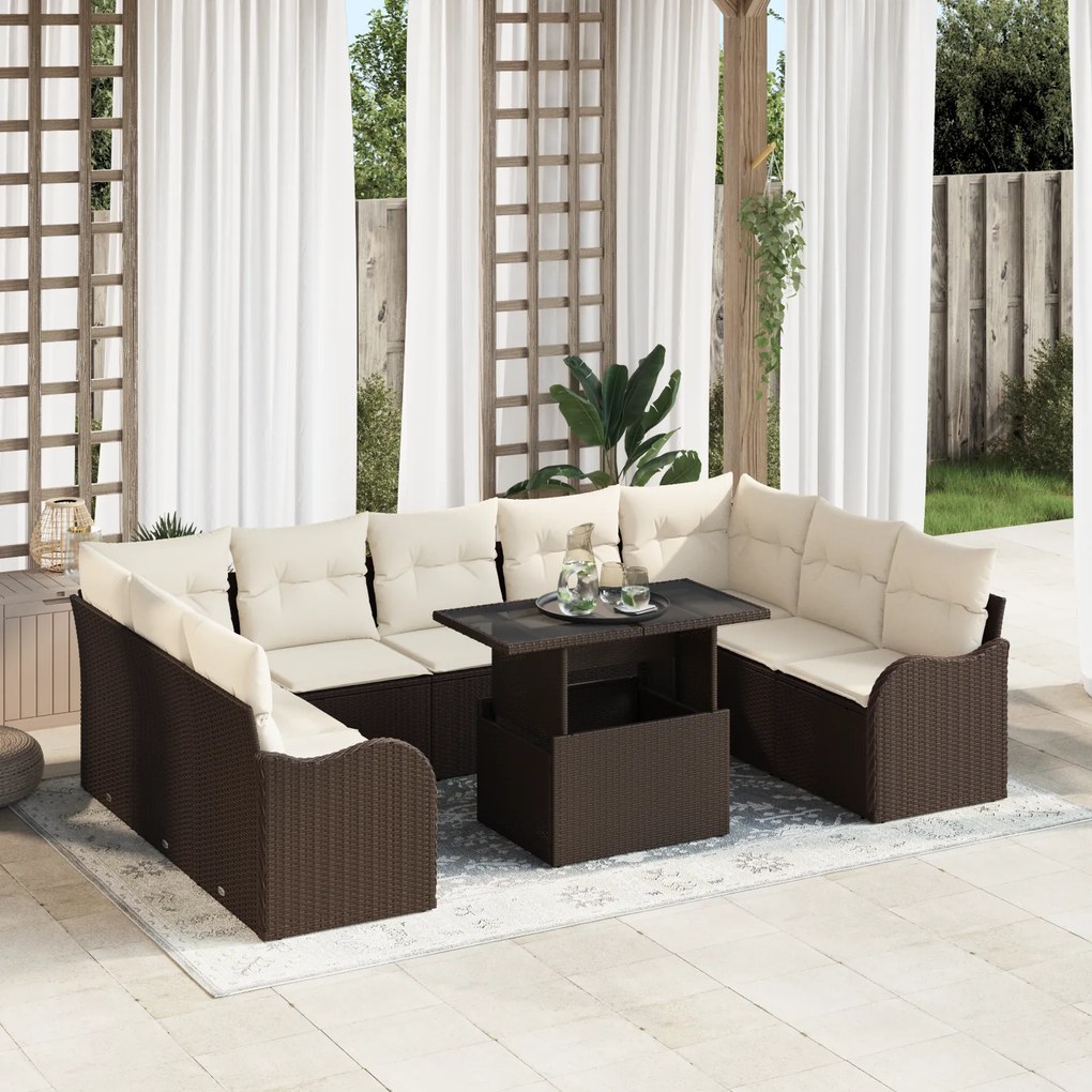 Conjunto de Sofá para Jardim vidaXL de 10 Peças com Almofadas Castanho