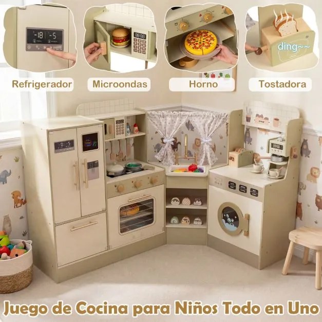 Cozinha de brincar de Canto infantil 146,5 x 54 x 85,5 cm com torneira e máquina de lavar louça 21 acessórios Eletrodomésticos para crianças 3+ anos V