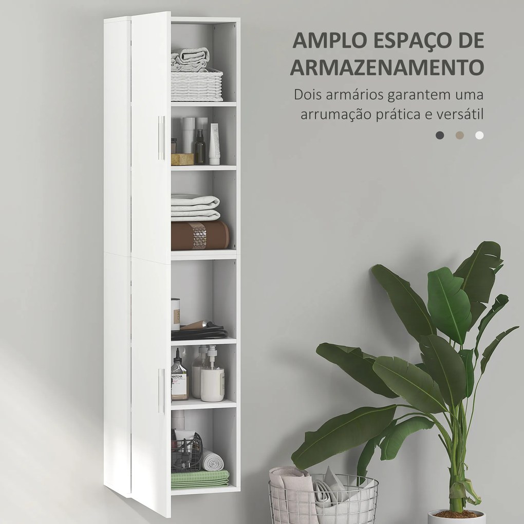 Coluna Casa de Banho de Parede Armário Alto Casa de Banho com Prateleiras Ajustáveis e 2 Portas  40x30x160 cm Branco