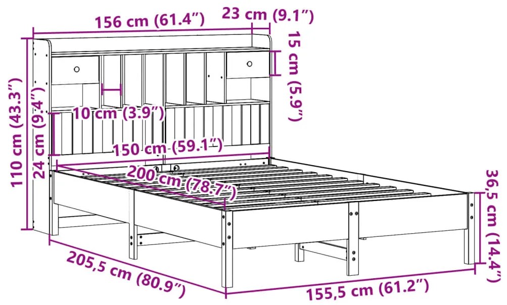 Cama com estante sem colchão 150x200 cm pinho maciço