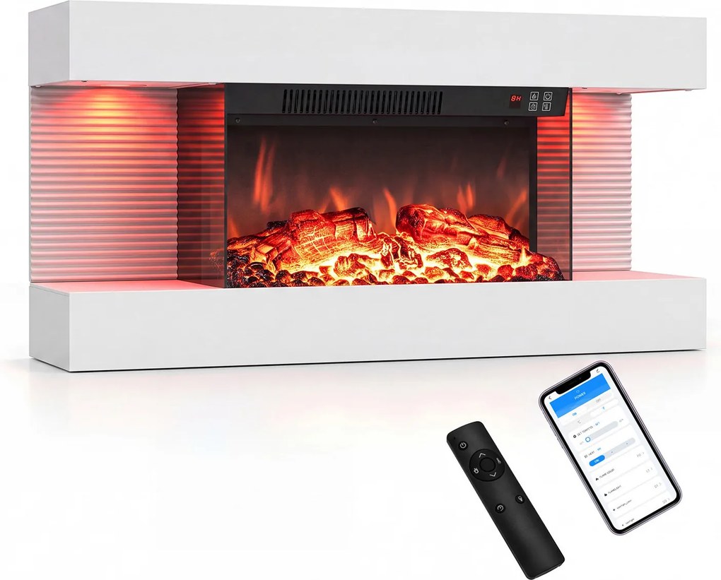 Lareira Elétrica de Parede com Vista por Três Lados, 82 x 20,6 x 41,8 cm, Controlo por Wi-Fi, Branco