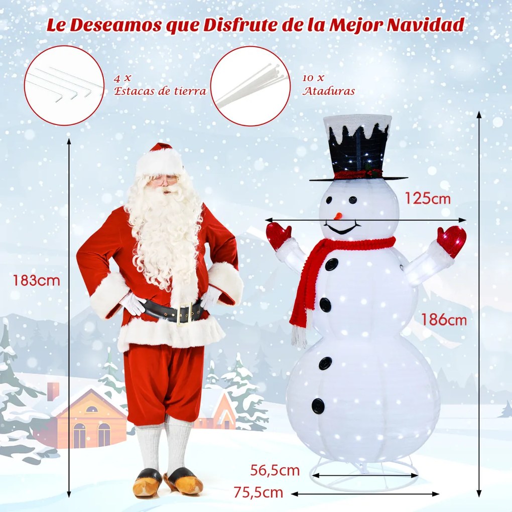 Boneco de neve dobrável de 186 cm com 200 Luzes LED Brancas Frias Pátio Interior Pátio Exterior Decoração de Natal