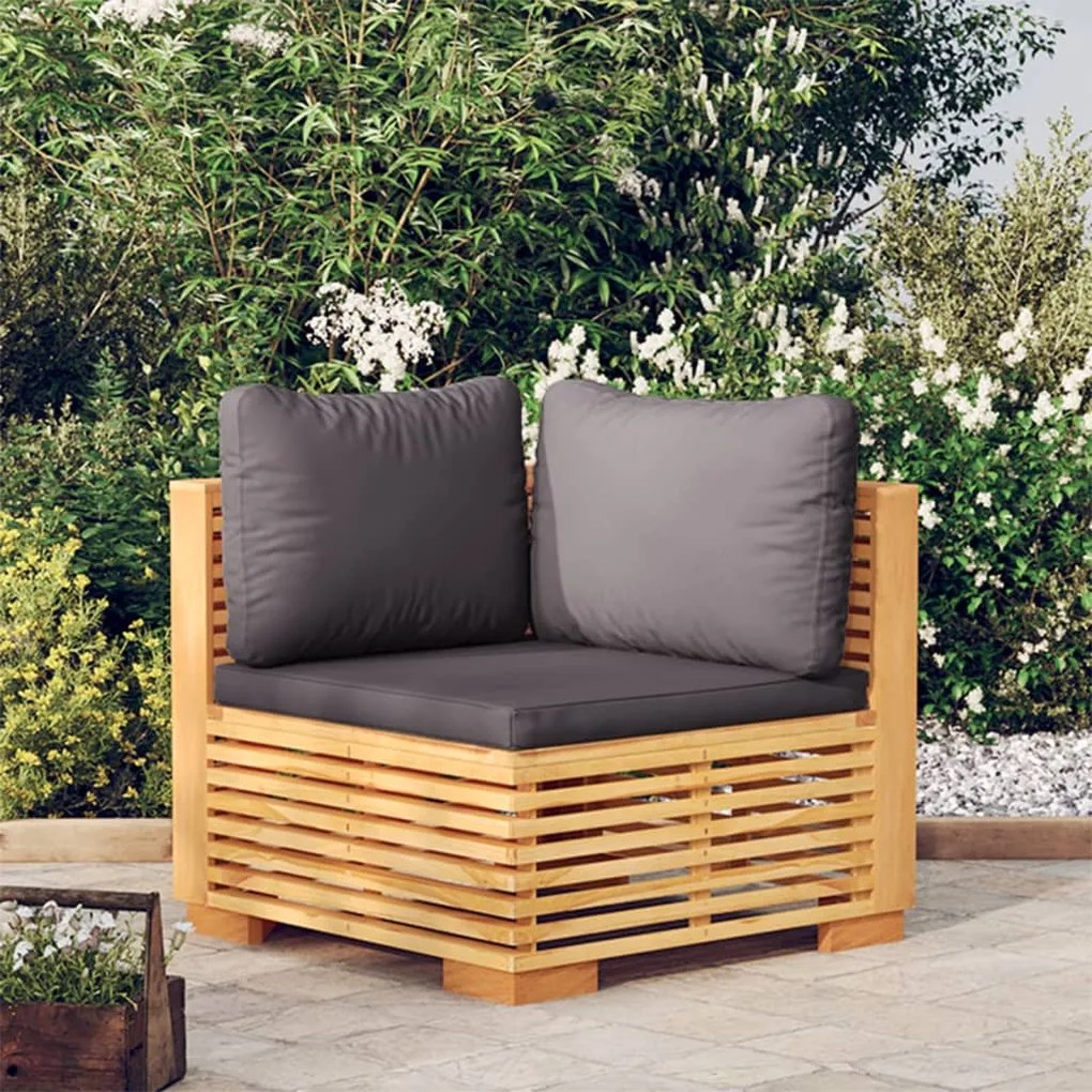vidaXL Sofá de canto p/ jardim c/ almofadões cinza-escuro teca maciça