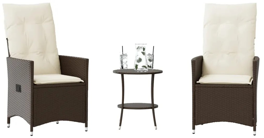 3 pcs conjunto bistrô com almofadões vime PE castanho