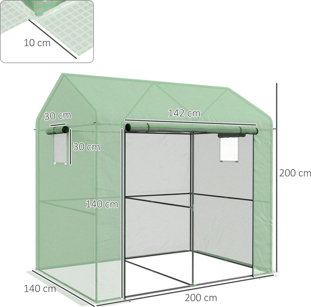 Estufa de jardim 200 C x 140 L x 200 A cm com 2,8 m², com 1 porta enrolável grande e 2 janelas, verde