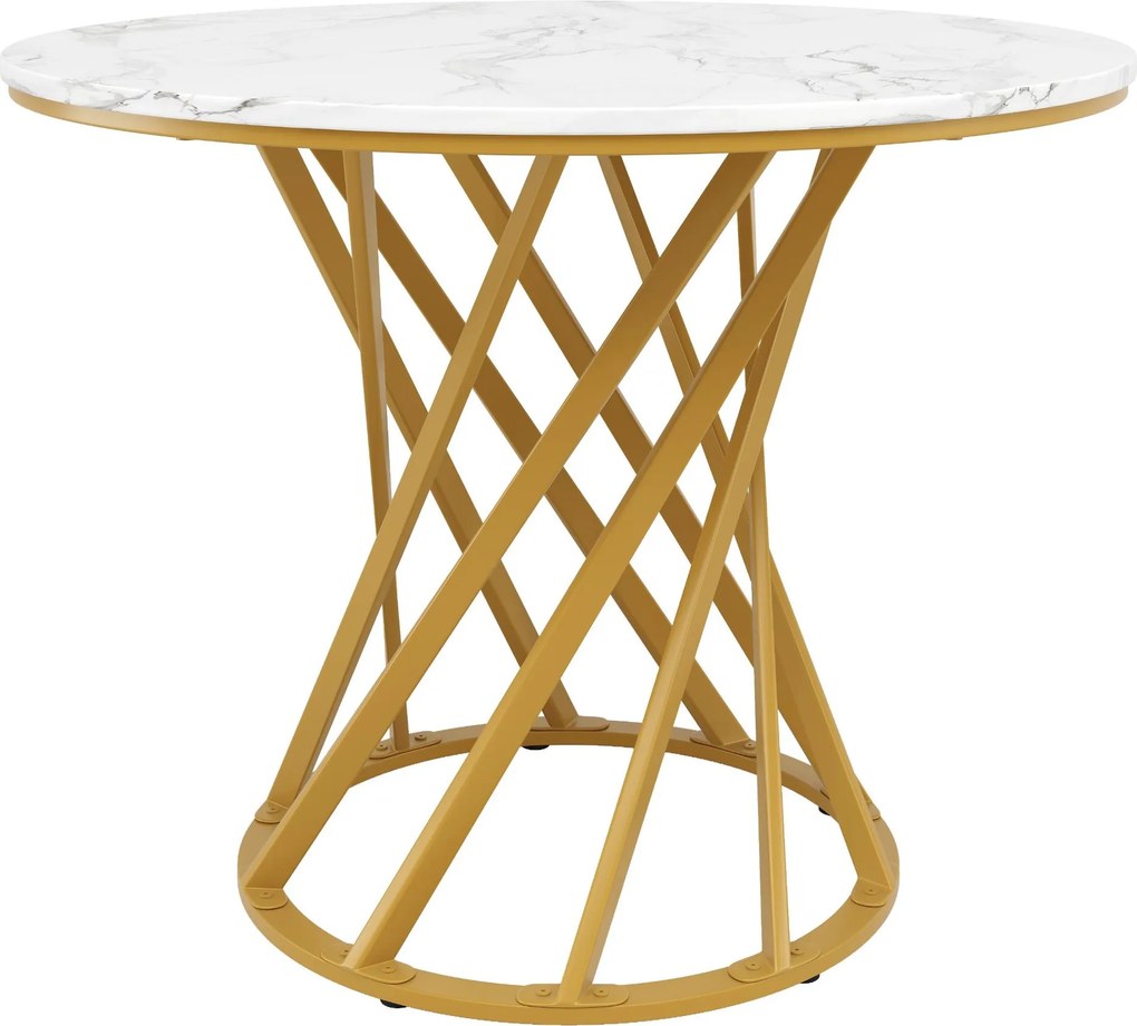 Mesa de jantar redonda, mesa de cozinha com tampo em MDF e pés em metal, 80x80x76 cm, Branco+Ouro