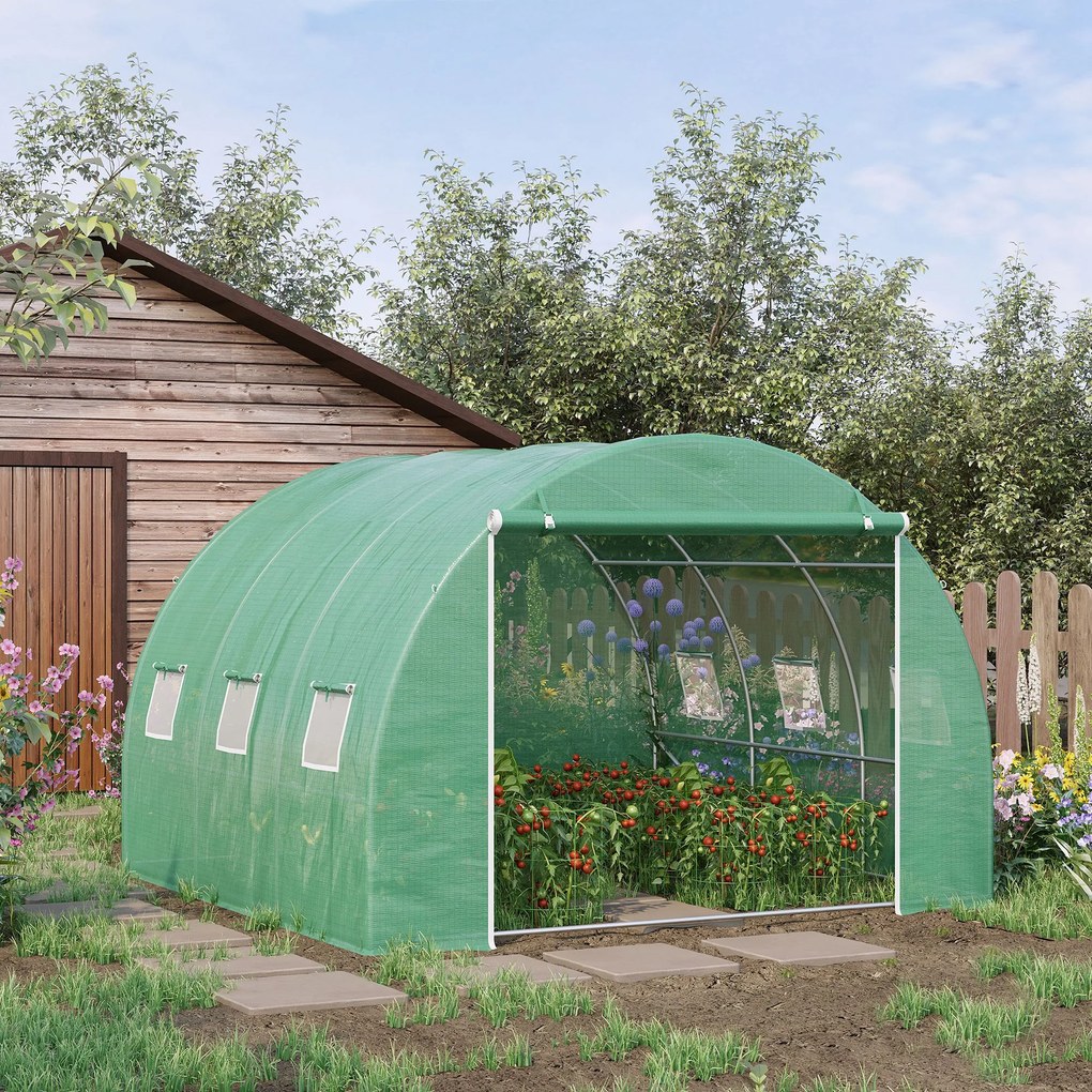 Estufa de jardim de 9 m², estufa tipo túnel de 3 x 3 x 2 m com porta enrolável e 6 janelas em malha de aço PE verde