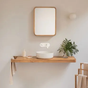 Conjunto De Móvel De Casa De Banho 130x45 Cm Suspenso Em Madeira De Teca Neill Madeira De Teca & Cerâmica Redonda Branca Ø40 Cm Lenka & Branco Para Pi