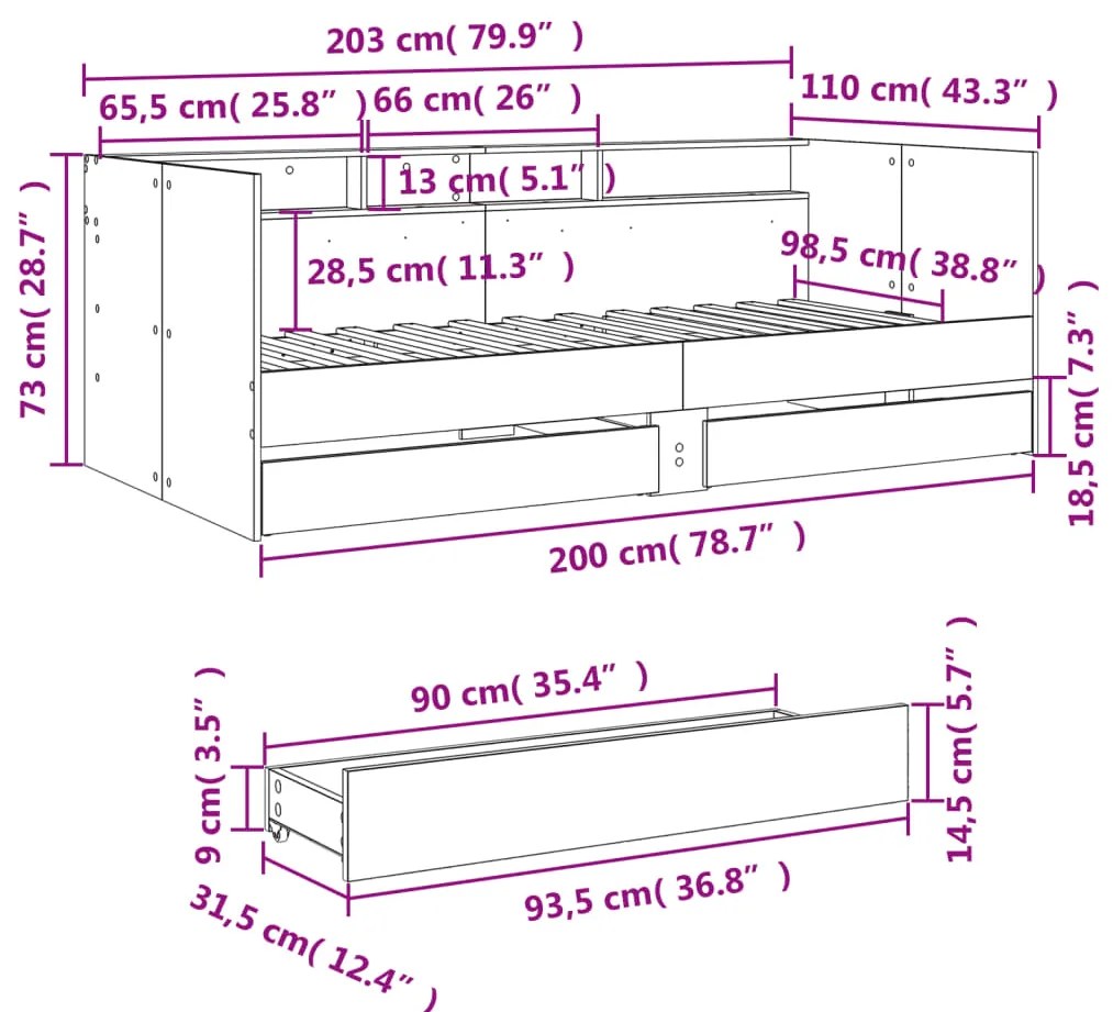 Sofá-cama com gavetas sem colchão 100x200 cm cinzento sonoma