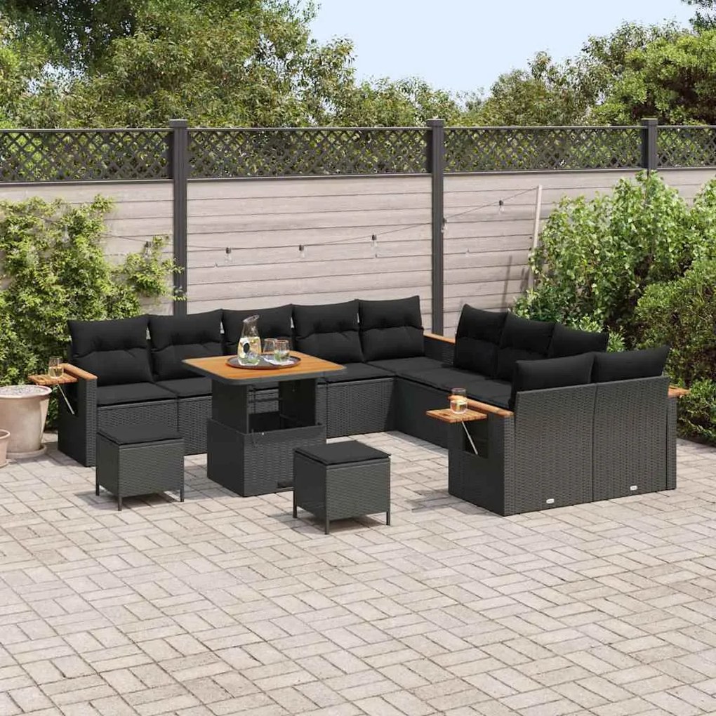 Conjunto de Sofá de Jardim de 13 Peças com Almofadas Preto Polirattan
