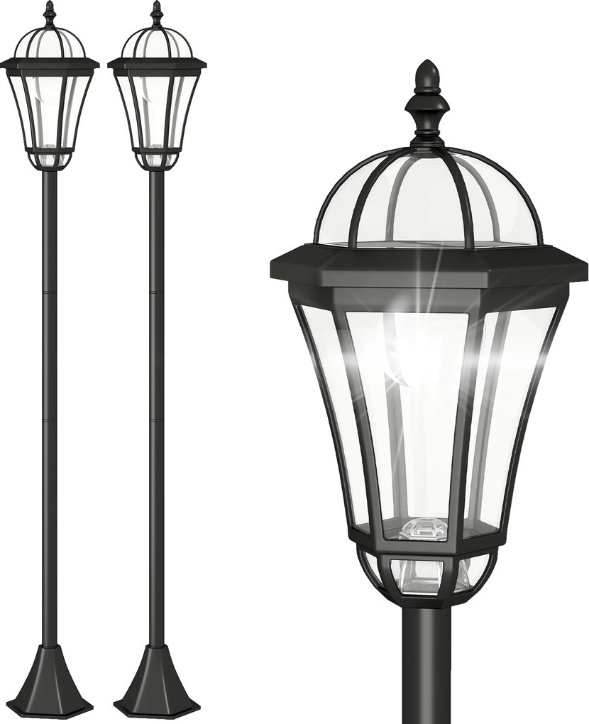 Outsunny Conjunto de Candeeiros Solares de Jardim com Luzes LED Branca 3500K Impermeável IP44 Sensor de Noite 18,5x18,5x129cm Preto | Aosom Portugal