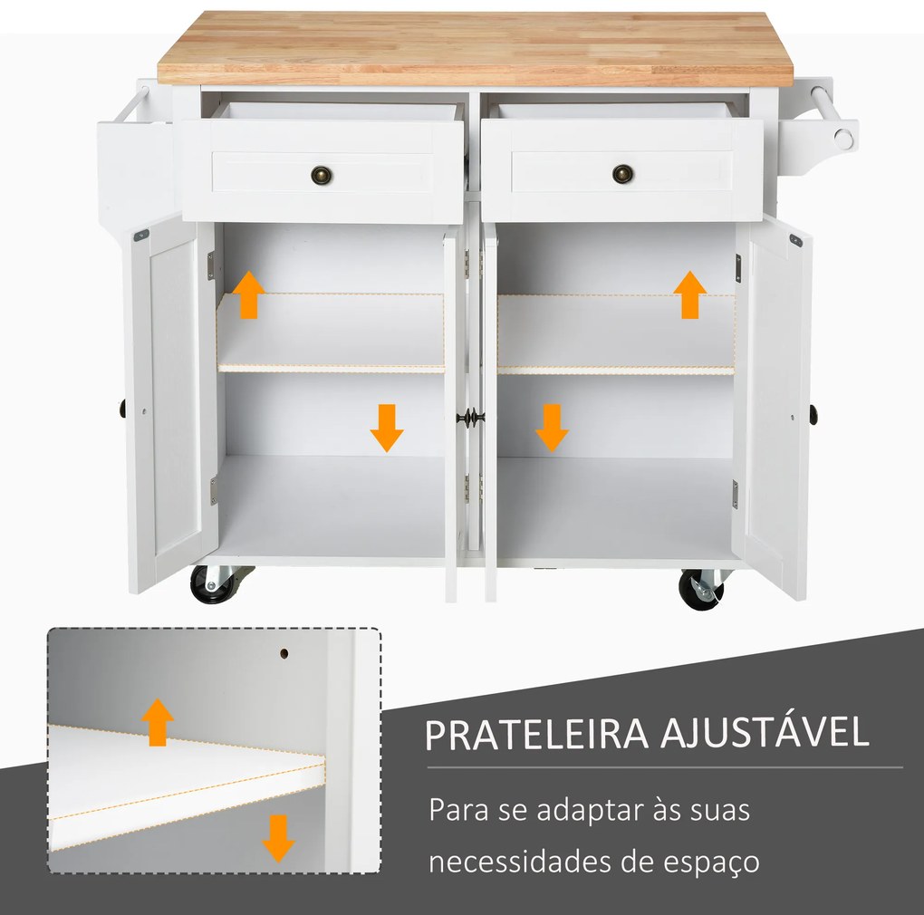 Ilha de Cozinha com Rodas Móvel Auxiliar de Cozinha com 2 Gavetas 4 Portas Suporte para Temperos e Barra Lateral 111x44,5x82,5cm Branco e Madeira