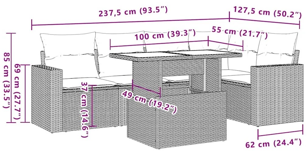 6 pcs conjunto de sofás p/ jardim com almofadões vime PE bege