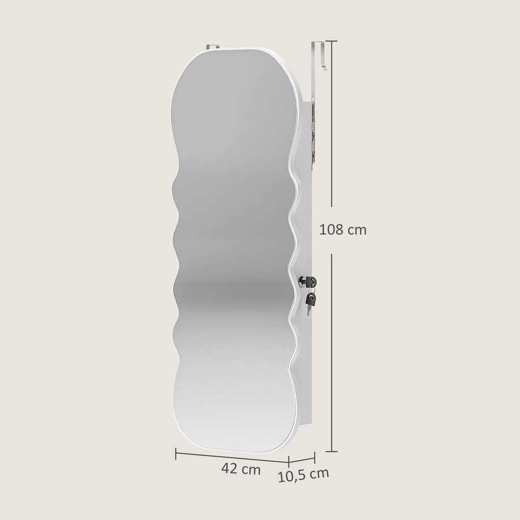 Espelho-Joalheiro com Luz LED Montado na Parede ou na Porta com Fechadura, Espelho de Corpo Inteiro Branco